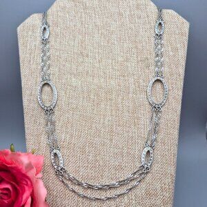 Monet Silver Tone Multi Strand Necklace Oval Rhinestone Stations Formal 24.5"